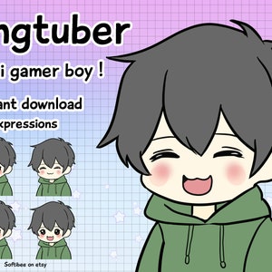 PNGtuber avatar | Chibi boy png tuber premade  (4 emotions) | green hoodie & black hair |  Vtuber | Ready For Twitch, Veadotube, OBS