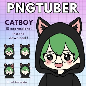 boy pngtuber male avatars | 10x catboy vtuber model male with green hair | Twitch vtube cat v-tuber - animal png tuber reactive discord