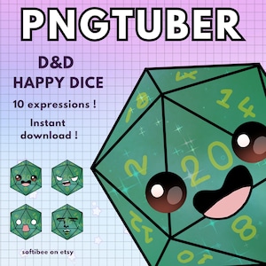 May include: A green 20-sided die with a cute cartoon face and glitter. The die has the numbers 2, 4, 6, 8, 10, 12, 14, 16, 18, and 20 on its faces. The text "D&D HAPPY DICE" and "10 expressions! Instant download!" is written above the die. The text "softibee on etsy" is written below the die.