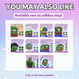 K&ouml;nnte beinhalten: Eine Sammlung von neun digitalen Illustrationen mit einem gr&uuml;nen Comic-Frosch mit verschiedenen Gesichtsausdr&uuml;cken und Outfits. Die Illustrationen sind mit "PNGTuber" beschriftet und tragen Titel wie "Peppo Chef", "Peppo Clown" und "Peppo Model".