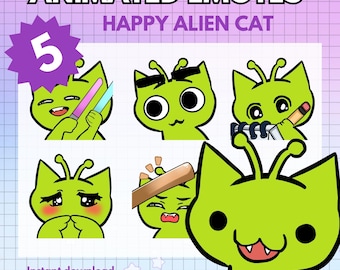 Geanimeerde emotes met schattige Chibi Alien Cat Twitch Pack! x5 Bonk Gun Dancing Uwu geanimeerde emote | Kawaii groene buitenaardse emotes grappig