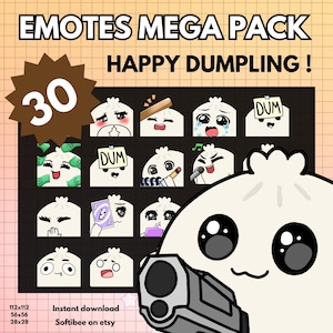 May include: A digital art print featuring a collection of 30 dumpling-themed emotes with various expressions. The text "EMOTES MEGA PACK HAPPY DUMPLING!" is displayed at the top, with the number "30" in a brown starburst. The image includes the text "Instant download" and "Softibee on etsy".