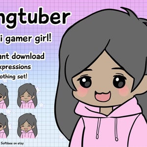 Vtuber Model Girl Gamer with Black Skin Color & Straight hair ! x4 Kawaii Pngtuber Premande for Twitch Vtubers Png tuber ! Discord Tiktok