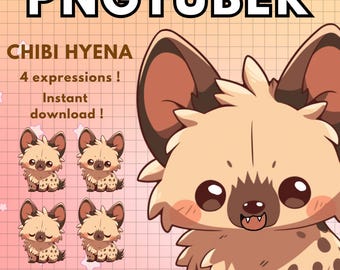 Puede incluir: Una ilustración digital de una linda hiena de dibujos animados con cuatro expresiones diferentes. La hiena es marrón y blanca con manchas negras. El texto "CHIBI HYENA 4 expresiones! Descarga instantánea!" está escrito en texto negro sobre un fondo rosa.