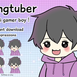 PNGtuber Boy Vtuber Model | Vtuber Purple Hoodie Anime kawaii Png tuber Male on Twitch / Youtube /  Veadotube Mini
