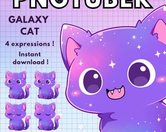 May include: Four digital illustrations of a purple and blue galaxy cat with different expressions. The cat has large eyes and a pink tongue. The text "GALAXY CAT" and "4 expressions! Instant download!" is visible in the image.