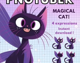 Modelo PNGTuber de gato negro mágico 4x Chibi Cat PNG tuber / VTuber de gato peludo para Twitch / Avatar VTuber Chibi PNG Modelo VTuber mágico de Halloween