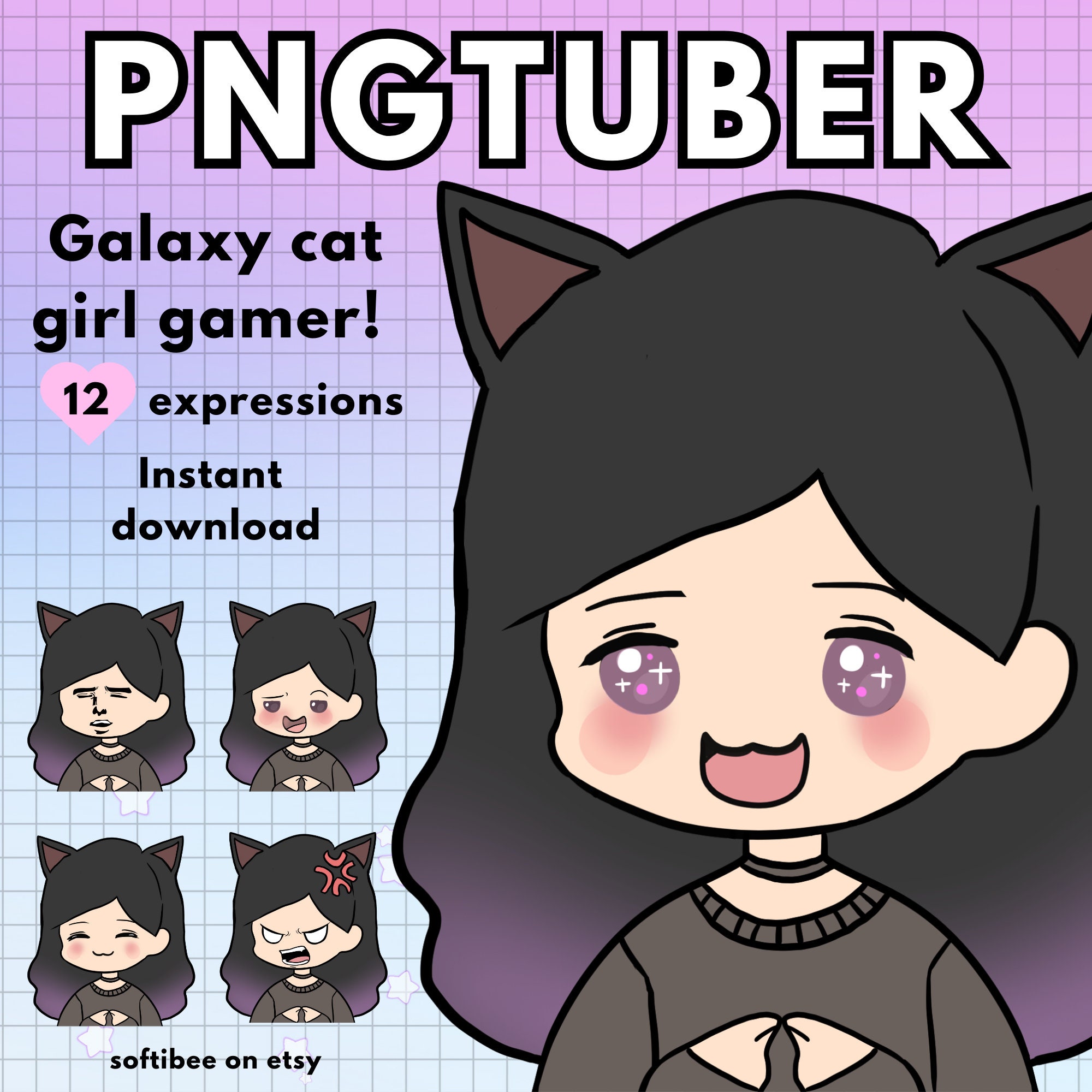 Catgirl Pngtuber 12x Galaxy Png Tuber Gamer Girl With Black Hair Vtuber  Model for Twitch \u0026 Pngtuber Pre Made! Discord Youtube Tiktok - Etsy Israel, image size:2000x2000