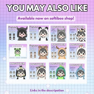 Peut inclure: Une collection de 10 designs de personnages PNGTuber diff&eacute;rents. Chaque design pr&eacute;sente un gar&ccedil;on chibi portant un costume d'animal diff&eacute;rent. Les costumes comprennent un loup, une vache, un cerf, un poulet, un pingouin, un hibou, un dinosaure, un requin, un panda et un diable. Chaque personnage a plusieurs expressions.