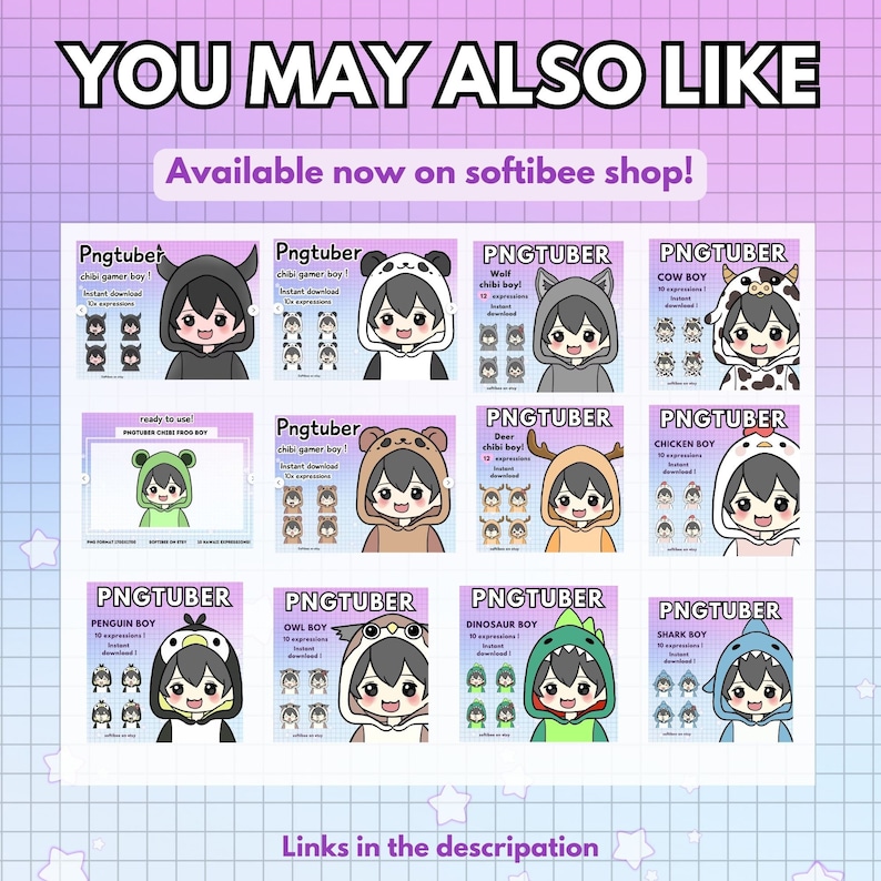 Peut inclure: Une collection de 10 designs de personnages PNGTuber diff&eacute;rents. Chaque design pr&eacute;sente un gar&ccedil;on chibi portant un costume d'animal diff&eacute;rent. Les costumes comprennent un loup, une vache, un cerf, un poulet, un pingouin, un hibou, un dinosaure, un requin, un panda et un diable. Chaque personnage a plusieurs expressions.