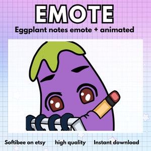 Animated Emote Twitch Eggplant notes | Kawaii Animated Food For Streaming Take Notes emote | Discord Emotes Ready to use