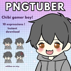 Pngtuber male ! x10 png tuber chibi boy anime with black hair brown eyes - vtuber model male for twitch & pngtuber pre made ! ready to use