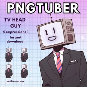 May include: A cartoon illustration of a TV head character wearing a suit and tie. The TV screen has a smiling face. The image includes the text "PNGTUBER TV HEAD GUY 4 expressions! Instant download! softibee on etsy".