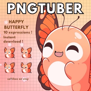 Puede incluir: Una ilustración digital de una mariposa feliz con 10 expresiones diferentes. La mariposa es naranja y marrón con un cuerpo blanco. El texto "HAPPY BUTTERFLY 10 expressions! Instant download!" está escrito en blanco con una estrella a cada lado del texto. El texto "softibee on etsy" está escrito en blanco en la parte inferior de la imagen.