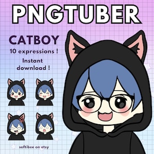 catboy vtuber model male with blue hair ! 10x boy pngtuber male avatars | animal png tuber reactive discord & Twitch vtube cat v-tuber