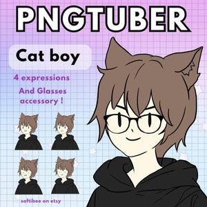 Vtuber Model Male For Twitch Pre Made Pngtuber Cat Boy With Brown Hair | Giftuber Gamer Anime Model | Discord Kick Twitch Youtube