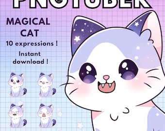 May include: A digital illustration of a cute cartoon cat with a starry sky design. The cat has 10 different expressions, including happy, sad, surprised, and angry. The text "Magical Cat" and "10 expressions! Instant download!" is also included in the image.