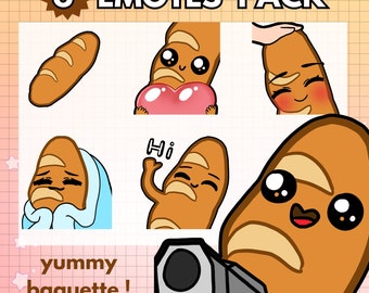 Pode incluir: Um conjunto de seis emoticons digitais que representam uma baguette de desenho animado com diferentes expressões. A baguette é marrom e tem um rosto bonito com olhos grandes. As expressões incluem um coração, uma cara triste, uma cara feliz, uma mão acenando, uma cara corada e uma cara segurando uma arma.