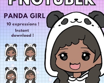 Vtuber Panda Girl Pngtuber Model for Twitch | 10x Bear Png Tuber Reactive Discord avatars |  Vtube V-tuber Chibi Giftuber - Dark Skin