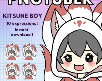Puede incluir: Una ilustración digital de un niño de dibujos animados que lleva una sudadera con capucha de zorro blanca y roja con 10 expresiones faciales diferentes. El texto "Kitsune Boy" y "10 expresiones! ¡Descarga instantánea!" se muestra encima de la imagen. El texto "softibee on etsy" se muestra debajo de la imagen.