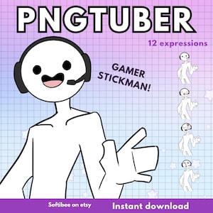 Könnte beinhalten: Eine digitale Illustration einer weißen Strichmännchen-Figur mit schwarzem Kopfhörer und Mikrofon. Der Text lautet PNGTUBER, 12 expressions, GAMER STICKMAN!, Softibee on etsy und Instant download. Der Hintergrund ist ein hellviolettes Gitter.