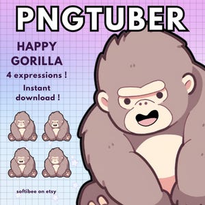 May include: A digital illustration of a happy gorilla with four different expressions. The gorilla is brown and has a white face. The text "Happy Gorilla" and "4 expressions!" is written in black text on a pink and white checkered background. The text "Instant download!" is written in black text on a pink and white checkered background.