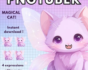 Vtuber Model Purple Fairy Cat pngtuber model | 4x Magical purple Cat PNG Tuber for Twitch & YouTube Reactive | Chibi Giftuber Avatar Pack