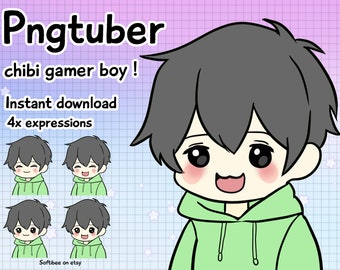 Voorgemaakte png-knol | Chibi-jongen met zachte groene hoodie 4x | Klein anime pngtuber mannelijk model voor twitch vtuber livestreamers, Tiktok en youtube
