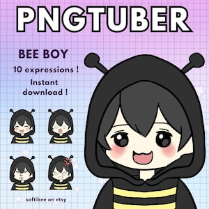 May include: A digital illustration of a cartoon bee boy wearing a black hoodie with a yellow and black striped bee pattern. The text "BEE BOY" is written in black above the image. The text "10 expressions!" is written in black below the image. The text "Instant download!" is written in black below the image. The text "softibee on etsy" is written in black below the image.
