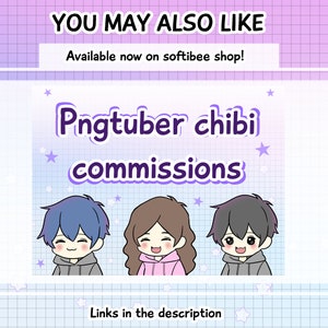 Op de afbeelding: Een digitale illustratie van drie cartoonfiguren in chibi-stijl. De personages dragen hoodies en hebben verschillende haarkleuren. De tekst "Pngtuber chibi commissions" staat in grote letters boven de personages. De tekst "Links in de beschrijving" staat onder de personages.