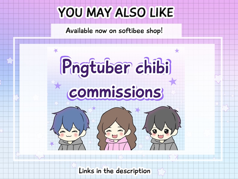 Op de afbeelding: Een digitale illustratie van drie cartoonfiguren in chibi-stijl. De personages dragen hoodies en hebben verschillende haarkleuren. De tekst "Pngtuber chibi commissions" staat in grote letters boven de personages. De tekst "Links in de beschrijving" staat onder de personages.