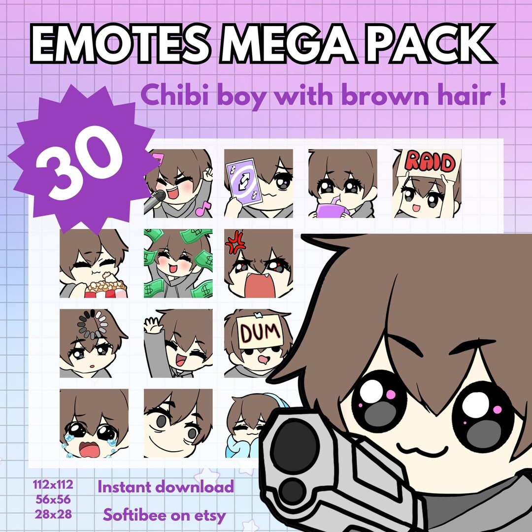 Boy Emotes Twitch MEGA PACK ! X30 Emote Chibi Boy Anime With Brown Hair ...