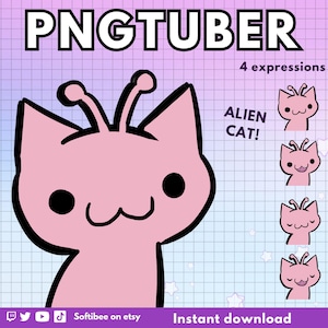 Puede incluir: Un gato alienígena rosa con cuatro expresiones diferentes. El gato tiene ojos grandes, una nariz pequeña y una boca ancha. El texto "Alien Cat!" está escrito en letras blancas sobre un fondo morado. El texto "4 expressions" está escrito en letras blancas sobre un fondo rosa.