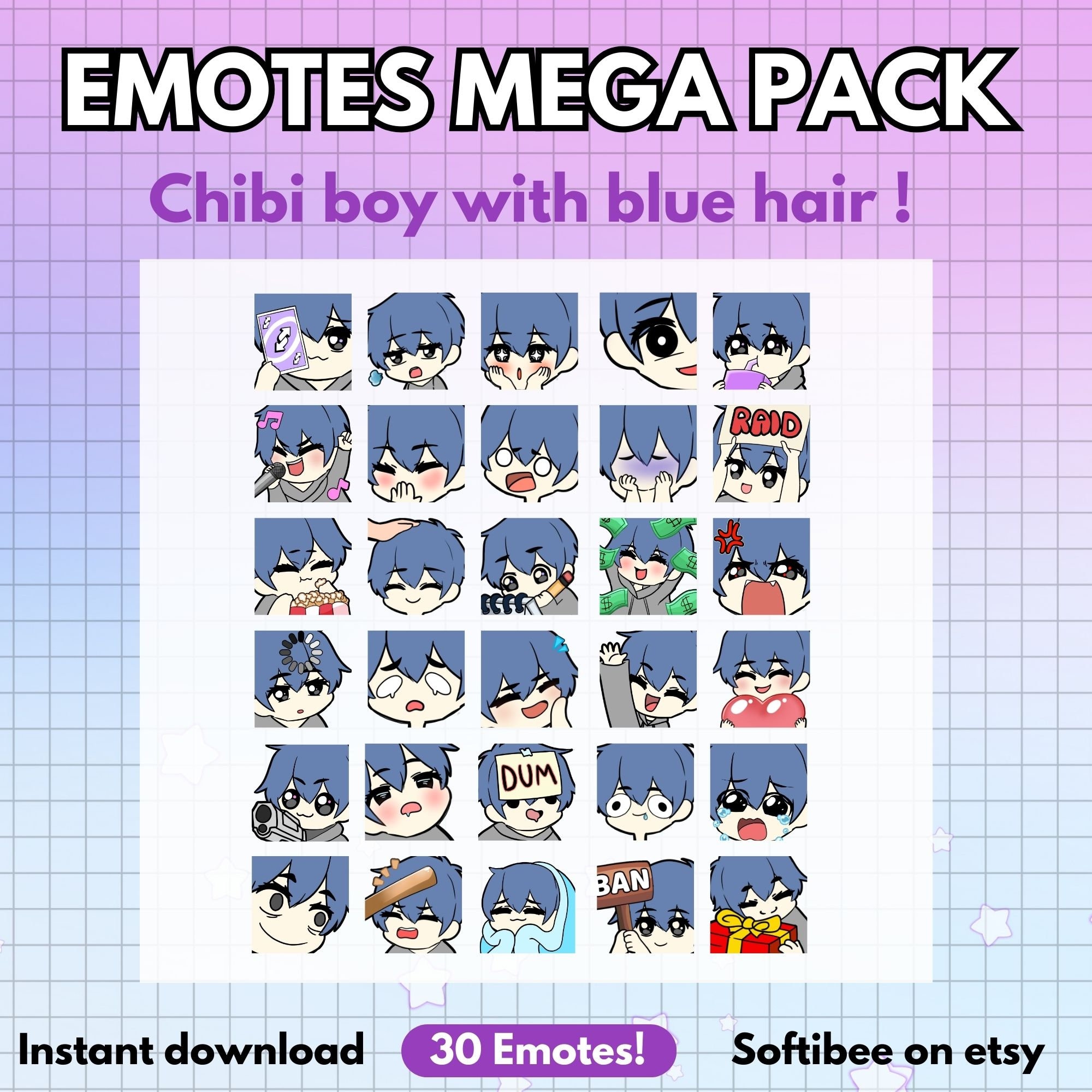 Emote Bundle Mega Pack Chibi Boy With Blue Hair - 30x Twitch Emotes for ...