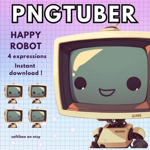 Op de afbeelding: Een digitale illustratie van een gelukkige robot met een retro-televisiescherm als hoofd. De robot heeft vier verschillende uitdrukkingen, waaronder glimlachen, verrast, verdrietig en boos. De afbeelding is geplaatst tegen een pastelblauwe en paarse achtergrond met witte sterren. De tekst "PNGTUBER HAPPY ROBOT 4 expressions Direct downloaden!" wordt op de afbeelding weergegeven. De tekst "softibee on etsy" wordt ook op de afbeelding weergegeven.