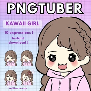 茶色の髪をしたピンクのPngチューバーガール（Twitchオーバーレイ用に事前作成）| ストリーミング用のかわいい2DモデルVチューバー | ちびGiftuber