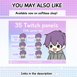 May include: 35 Twitch panels featuring a purple-haired chibi gamer boy in a gray hoodie. The panels include text such as "About Me", "Goals", "Discord", "Schedule", "Games", and "Rules".
