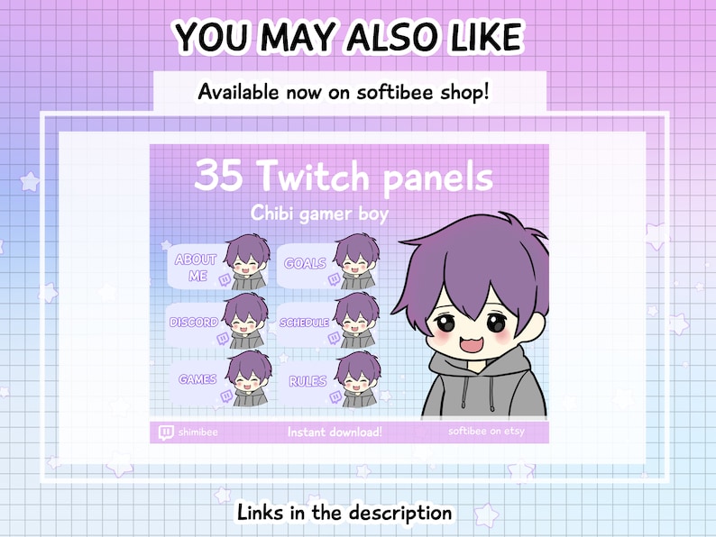 May include: 35 Twitch panels featuring a purple-haired chibi gamer boy in a gray hoodie. The panels include text such as "About Me", "Goals", "Discord", "Schedule", "Games", and "Rules".