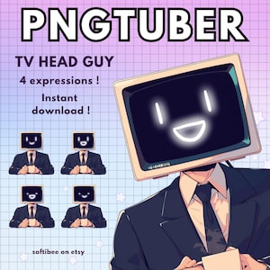 May include: Digital art featuring a person with a TV screen for a head, smiling. The image includes the text "PNGTUBER" and "TV HEAD GUY" with the phrase "4 expressions! Instant download!" Also, there are four smaller images of the TV head guy.