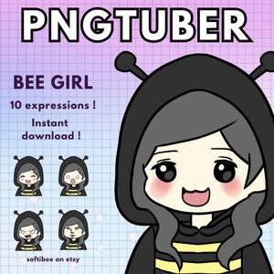 Puede incluir: Una ilustración digital de una chica abeja de dibujos animados con cabello negro y una sudadera con capucha negra con rayas amarillas y negras. La imagen incluye el texto "PNGTUBER BEE GIRL 10 expresiones! Descarga instantánea!" y "softibee on etsy".