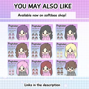 Puede incluir: Nueve ilustraciones digitales de personajes chibi de jugadores en varias poses y expresiones. Los personajes llevan sudaderas con capucha rosas y tienen diferentes colores de cabello. El texto "Pngtuber" y "chibi gamer girl" se muestra en cada ilustraci&oacute;n.