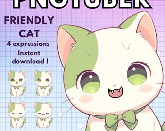 Pngtuber Cat Vtuber Modelo Gamer para Twitch / 4x Avatares reactivos de Discord de Tuber Png verde / V-tuber Vtube Chibi Giftuber
