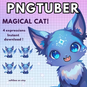 Vtuber Cat Pngtuber Model | 4x Magical Blue Png Tuber | Reactive Discord Avatars | Vtuber model Chibi Giftuber Alien Kitty VTuber Twitch