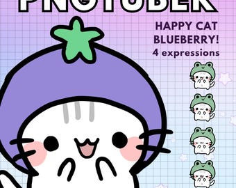 Cat Pngtuber Model | 4x Chibi Gamer Blueberry PNGTuber | Furry Cat Vtuber for Twitch Streaming | Chibi PNG VTuber Avatar | Ready to Use