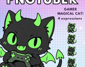 Magical Cat Pngtuber Model Gamer !  Pre-made Vtuber model / Animal Png Tuber for Twitch & Youtube Demon Black Furry V-Tuber reactive image