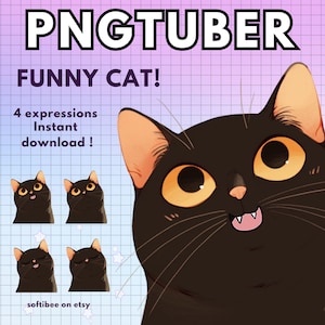 Black Cat Pngtuber Model | 4x Chibi Gamer Cat PNGTuber | Furry Cat Vtuber for Twitch Streaming | Chibi PNG VTuber Avatar | Ready to Use