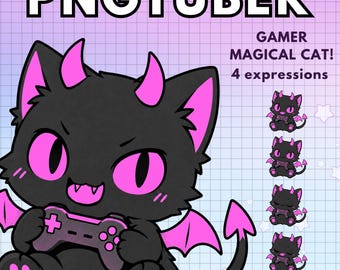 Pink Cat Pngtuber Model Gamer !  Pre-made Vtuber model / Animal Png Tuber for Twitch & Youtube Demon Black Furry V-Tuber reactive image