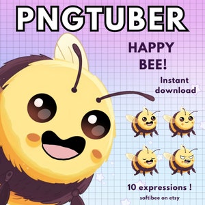 Puede incluir: Ilustración digital de una abeja de dibujos animados sonriente, con el texto "PNGTUBER HAPPY BEE!" y "Descarga instantánea". Debajo, 4 pequeñas abejas con diferentes expresiones. También se incluye el texto "10 expressions!" y "softibee on etsy".