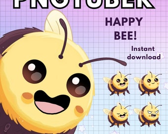 May include: Digital art featuring a cartoon bee with a smiling face, the text "PNGTUBER HAPPY BEE!" and "Instant download". Below are 4 small bees with different expressions. The text "10 expressions!" and "softibee on etsy" are also included.