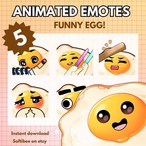 May include: Animated emoticons of a yellow egg with a white shell. The egg has different facial expressions, including surprised, happy, and sad. The text "ANIMATED EMOTES FUNNY EGG!" is at the top of the image. The number "5" is in a starburst shape at the top left of the image. The text "Instant download Softibee on etsy" is at the bottom of the image.